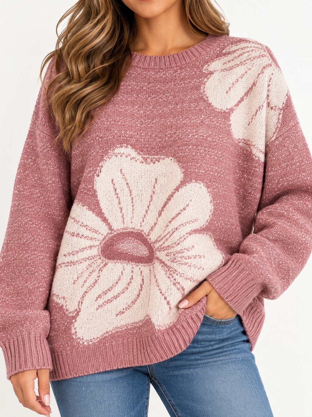 ELLE Rose Pink Mauve Floral Oversized Knit Sweater XL NWOT
